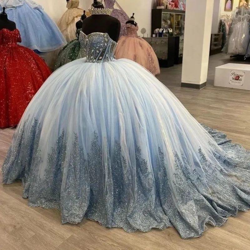 Luxury Sparkly Sky Blue Quinceanera Dresses Ball Gown Sequins Appliques  Lace Beads Crystal Sweet 16 Dress Prom Party Wear