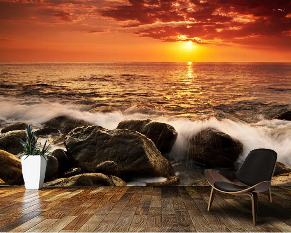 Tapeten Papel De Parede Sonnenuntergang am Meer Naturlandschaft 3D-Tapete Wohnzimmer TV-Wand Schlafzimmer Papiere Wohnkultur Küchenwandbild