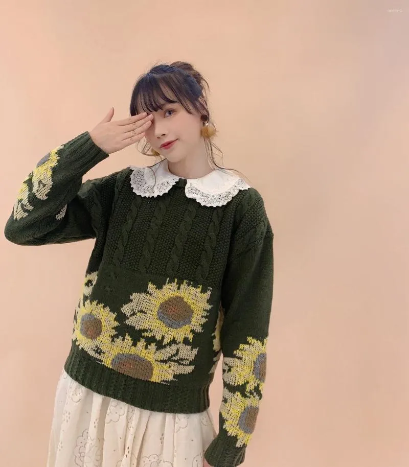 Dames truien herfstveer origineel ontwerp vrouwen losse vintage geïnspireerde zonnebloem gehaakte wollen pullover vesten jumpers jumpers