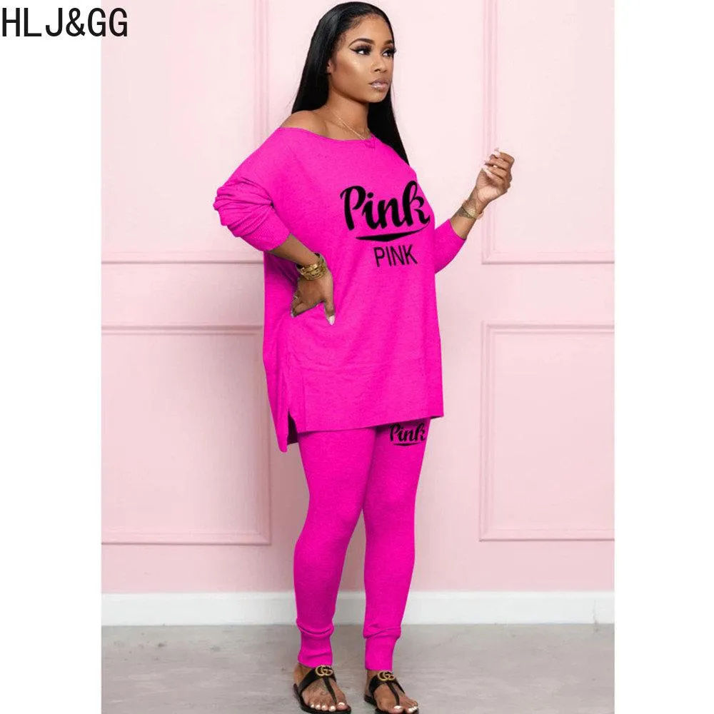 ズボンhlj ggカジュアルピンクのレタープリント2ピースセット女性衣装女性長袖Tシャツとパンツトラックスーツフォールマッチスーツ