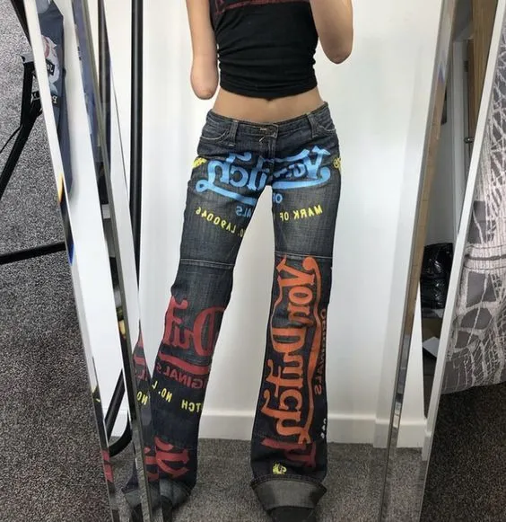 Jeans womens harajuku y2k lettera stampato pantaloni casual di alta strada primaverile sciolte