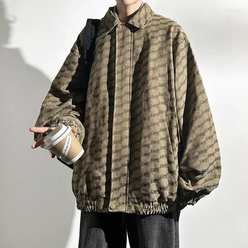 Giubbotti da uomo Moda Jacquard Cappotto alla moda da uomo Giacca allentata Street Oversize Risvolto Cerniera Trench Maschile Marca Autunno Khaki Top