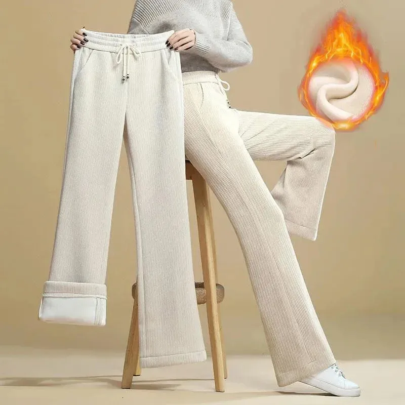 Calças femininas cintura alta mais veludo cordão calças largas outono inverno casual perna larga moda coreana grossa quente pantalones 231127
