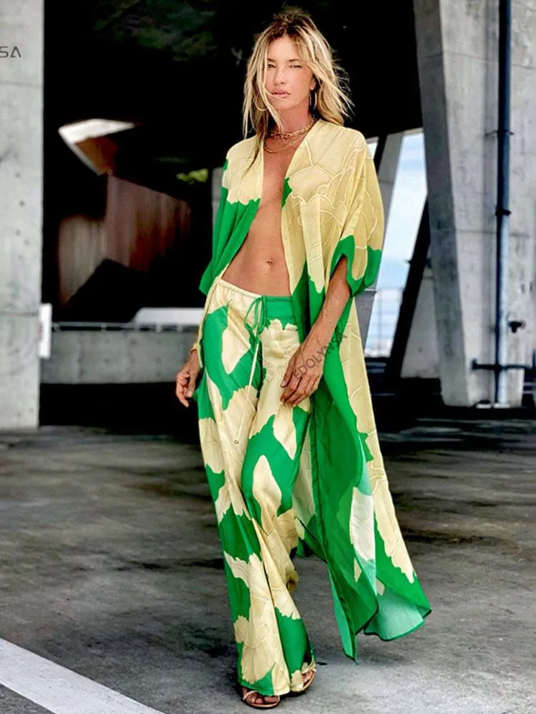 Klänningar 2022 Green Boho Print Long Kimono Chiffon Tunic Women Big Size Spring/Autumn Beach Wear Sexig klubb Maxi Dress Robe A1012