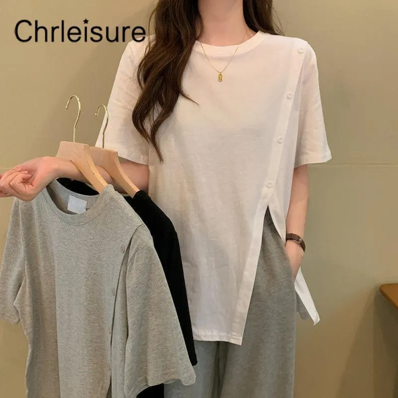 Женская футболка CHRLEISURE с коротким рукавом и пуговицами, асимметричные топы с круглым вырезом, свободная базовая модная повседневная футболка 230426