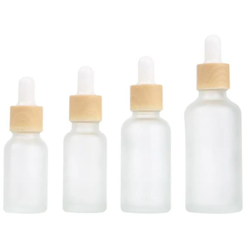 Empty Refillable Dropper Bottles Frosted Glass Vial Cosmetic Container Jar Holder Sample Bottle with Imitated Wooden Lids Nkpbw