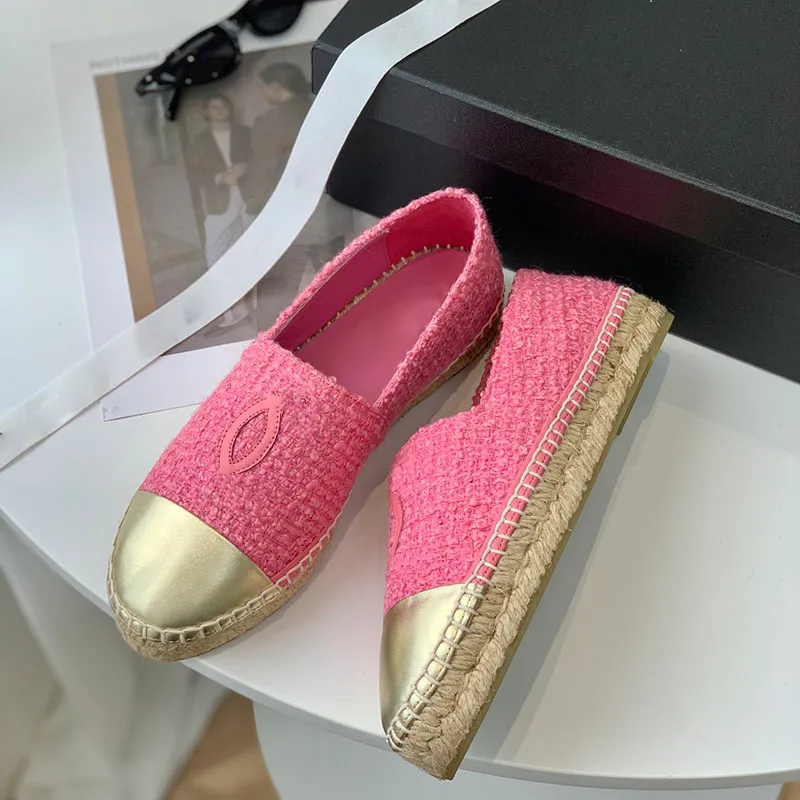 Designe Womens Dress Shoes Flat Heels Loafers Slip On Sandals Ladies Ballet Shoe Tweed Espadrilles Girls Open Shoe Pumps Outdoor Casual Shoe Peach Pink Golden Slide