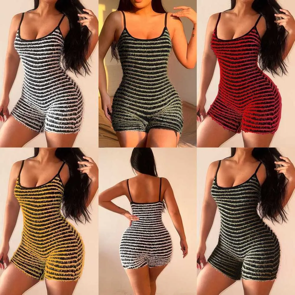 Combinaisons Sexy Pour Femmes Sling Noir Et Blanc Stripe Slim Spice Girl Hip Lifting Shorts Bodycon Barboteuses