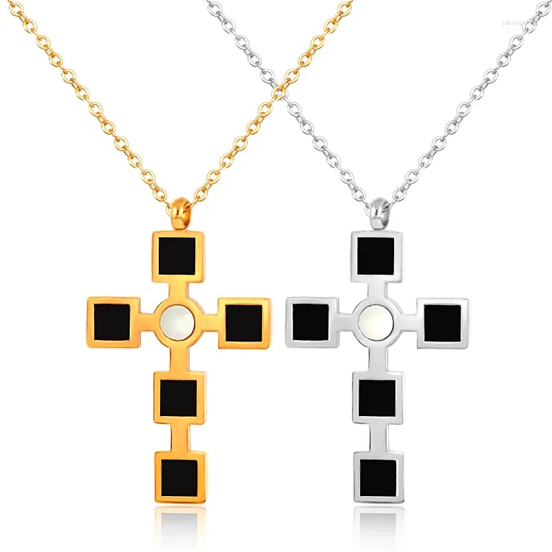 Pendant Necklaces FYSARA Cross Stainless Steel Balck Enamel Chain Short Necklace For Women Christian Prayer Jewelry Gold Color