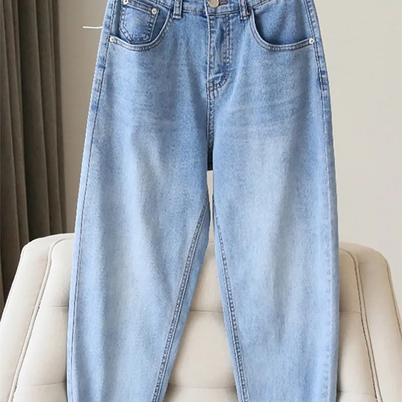 Kvinnors jeans surmiitro s-5xl vår mode lös pojkvän mamma jeans kvinnor blå hög elastisk midja denim long harem byxor kvinnlig 230427