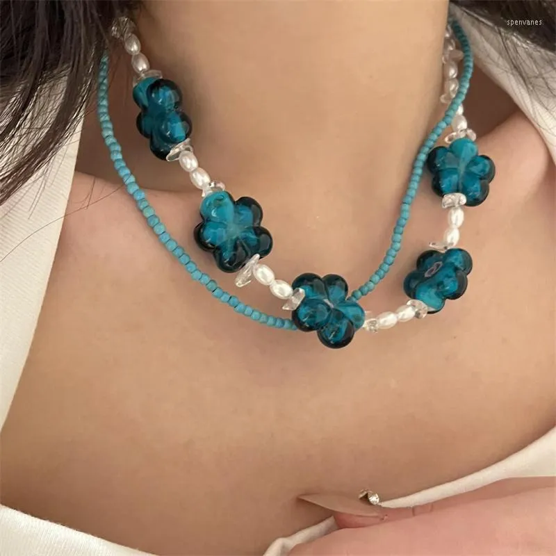 Kettingen elegante blauwe imitatie parel glazen bloem kralen ketting voor vrouw meisjes delicate sleutelbeen ketting geschenken ontwerp sieraden