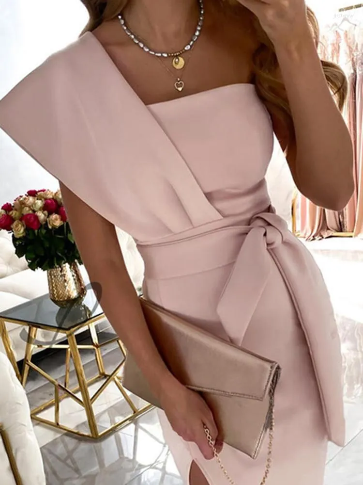 Casual Dresses Sexy One-Shoulder Slit Bodycon Dress Elegant Solid Sashes Lace-up Midi Summer Women Commute Pink Party Vestidos