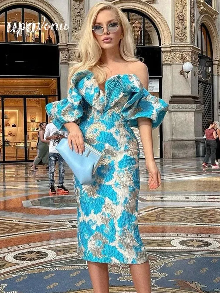 Abito estivo sexy aderente con stampa blu, abito longuette con stampa blu, spedizione gratuita, elegante abito da sera aderente da donna 2022