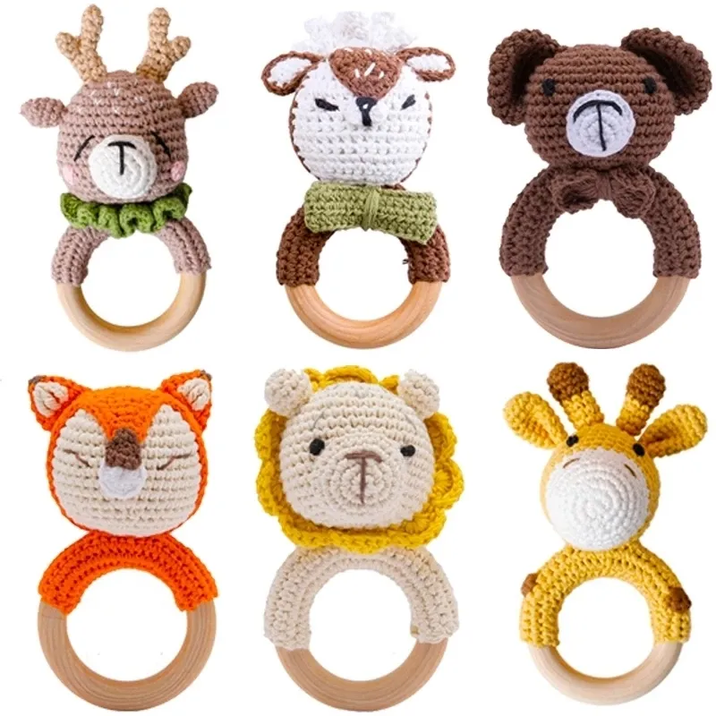 Rattles Mobiles 4PC1PC Baby Toys Wood Teether Crochet Animals BPA Free Rattle Toy Born Amigurumi gåvor för 230427