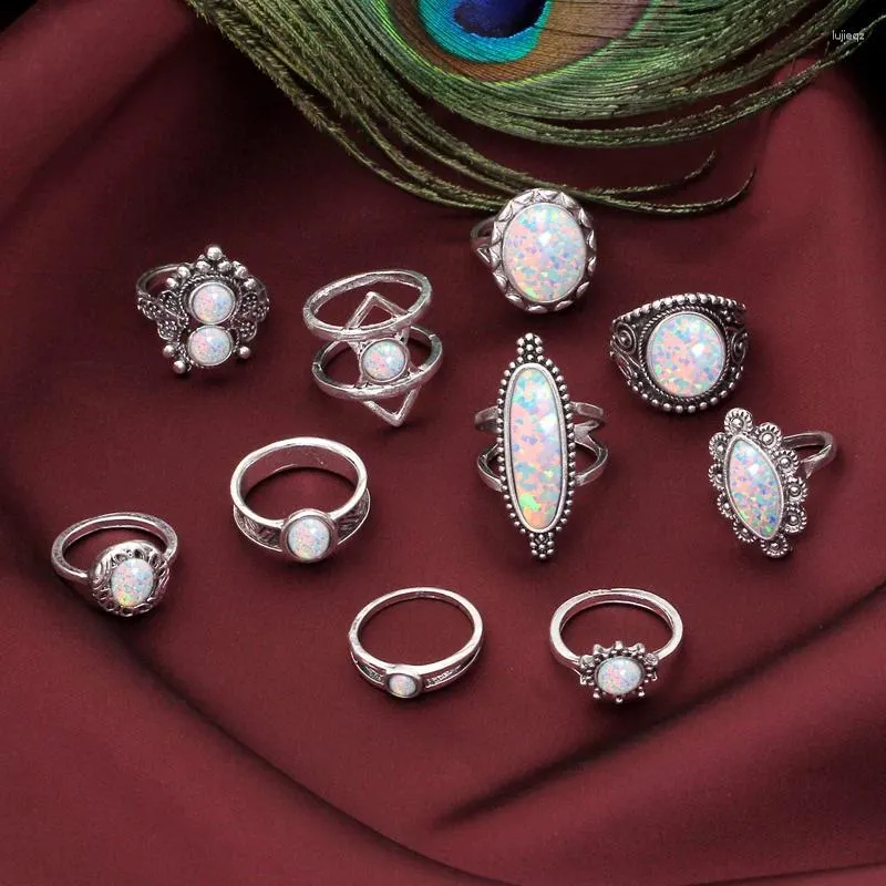 Anelli a grappolo ZOSHI Design Vintage Opale Knuckle Set per donna Argento Colore Boho Motivo geometrico Fiore Gioielli per feste