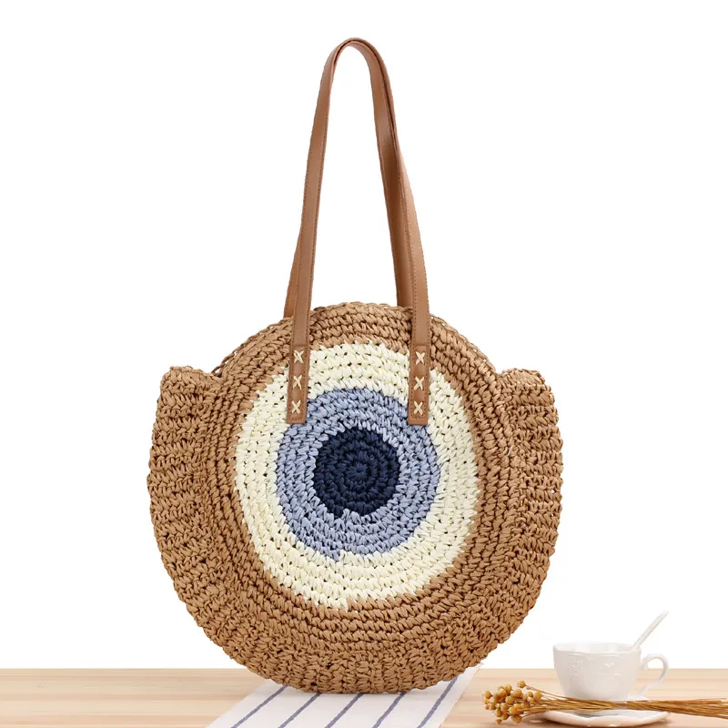 3-color New simple round one shoulder straw braided bag braided beach bag