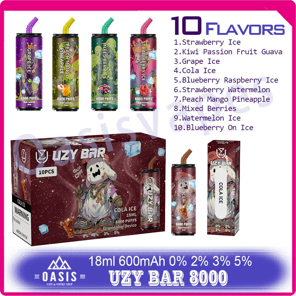 Authentique UZY BAR 8000 Puff E-Cigarette 18 ml Pod pré-rempli Bobine de maille 600 mAh Batterie rechargeable Puffs 8k Stylo Vape jetable 10 saveurs