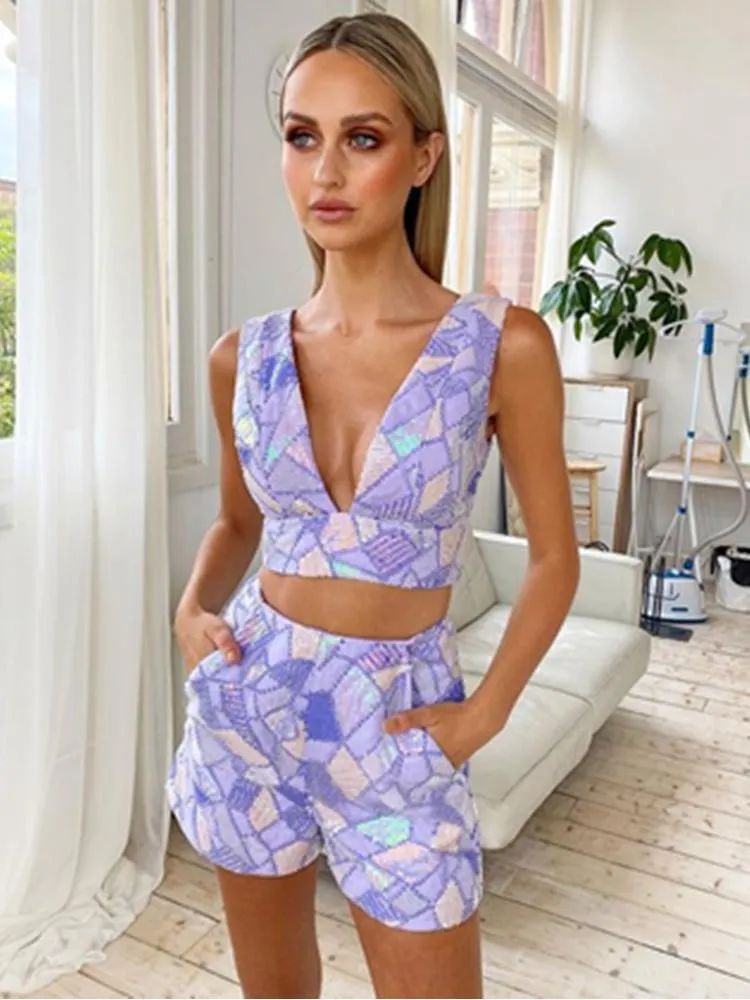 Dress Women Summer Sexy V Neck Mesh Sequins Glitter Purple Two Piece Shorts Pants Set 2022 Celebrity Designer Fashion Women's Set