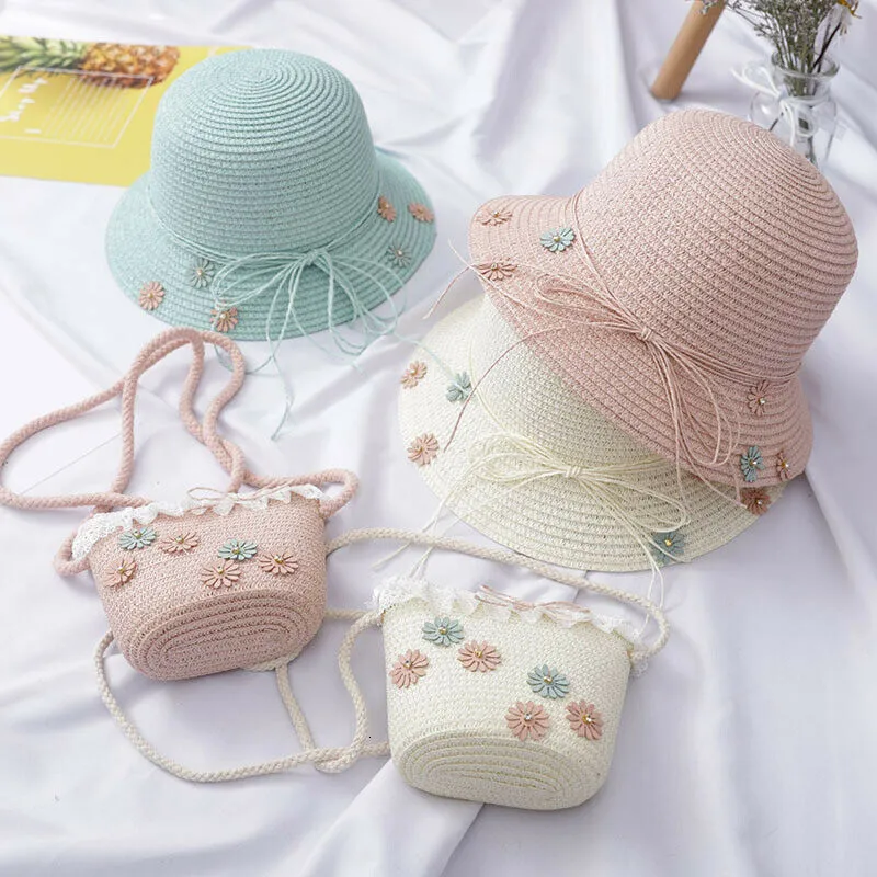 Caps Hats Beach Summer Baby Kids Girl Bow Straw Flat Brim Hat Hiking Cap Travel vacation Sunscreen hatShoulder Bags 230426