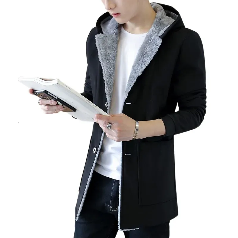 Herrjackor Men's Fashion Warm Hoodie Jacket 2023 Winter Mentrench Coat Plus Velvet Thowrening Slim Fit ull Overcoat Trench 231124