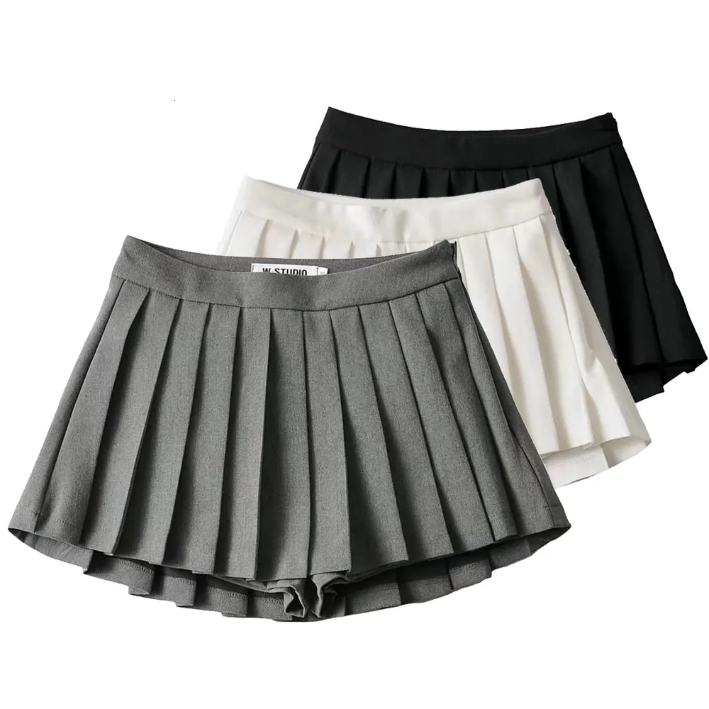 Skirts Grey Wide Pleated Mini Skirts Shorts OOTD High Street American Retro Solid Vintage Blogger Sexy Woman White Basic Bottom Quality 230427