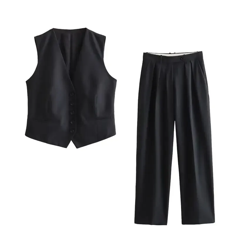 Женские брюки из двух предметов TRAF Set 2023 Модный широкий костюм Жилет из 2 предметов Шикарные элегантные молодежные уличные костюмы 231127