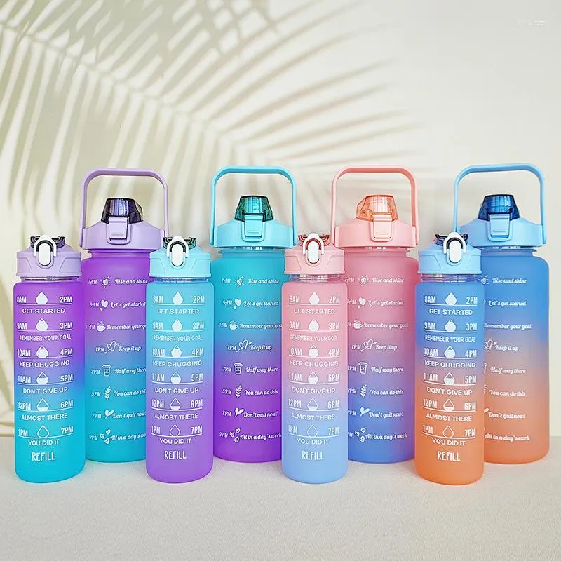 2000ML Gradient Frosted Straw Water Bottle Large Capacity Adult Sports Bottle Outdoor Portable Water Cup