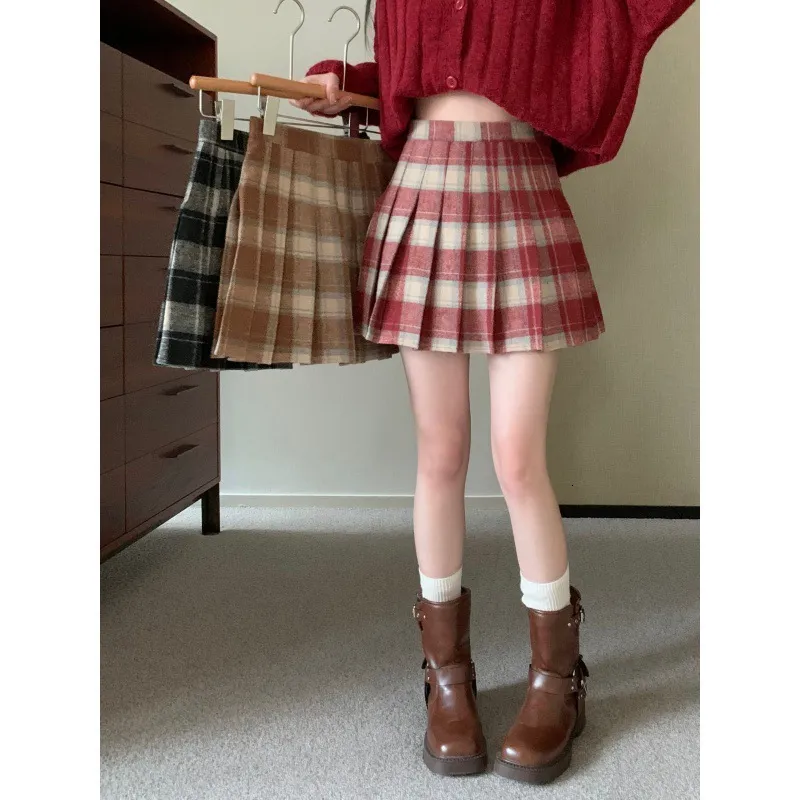 Höst- och vinterkedja Hög midja Slimming A-Line Plaid Pleated College Wind Woolen Bust kjol Kvinnor 210521