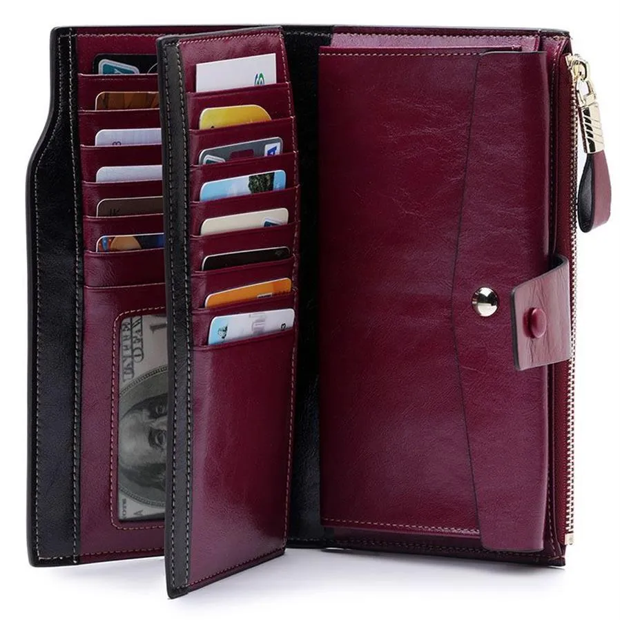 Högkvalitativt oljevaxläder RFID Wallet Women Hasp Zipper Walets äkta läder Kvinnlig handväska Långa kvinnors plånböcker Damer Clutchmx187L
