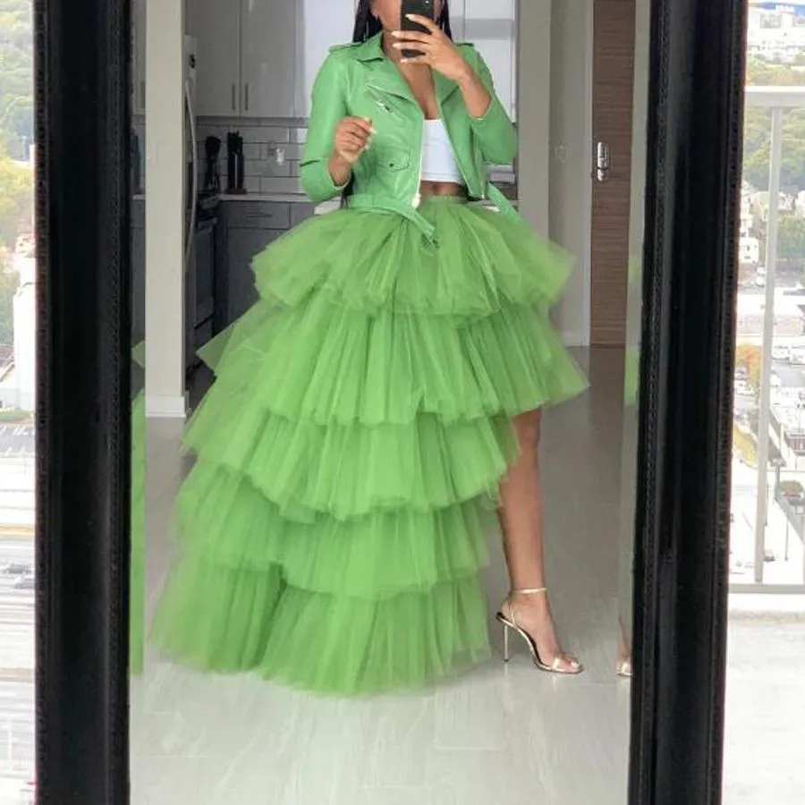Capris 2020 Spring Grass Green Ruffles Tiered High Low Tulle