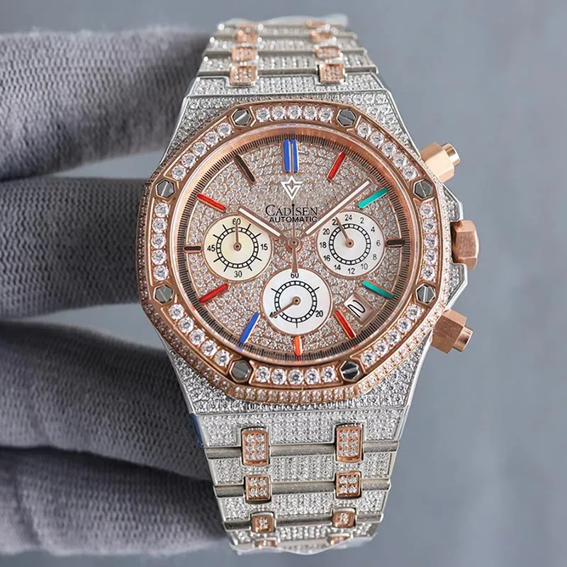 SF sf26067 Japan Miyota Quartz Chronograph Movement Mens Watch Rose Gold  Bezel Iced Out Paved Diamond Dial Stick Markers Two Tone Diamonds Bracelet 