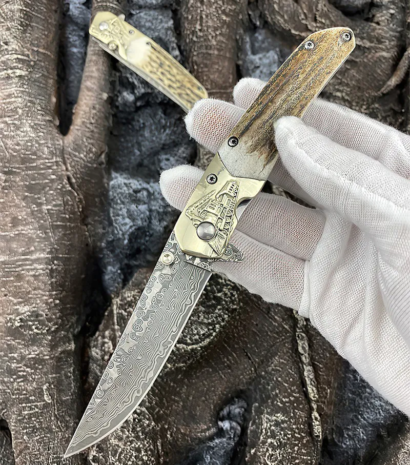 Hot A1963 Flipper Folding Knife VG10 Damascus Steel Drop Point Blade Deer Horn with Brass Head Handle Outdoor Camping Hiking Fishing EDC Pocket Knives