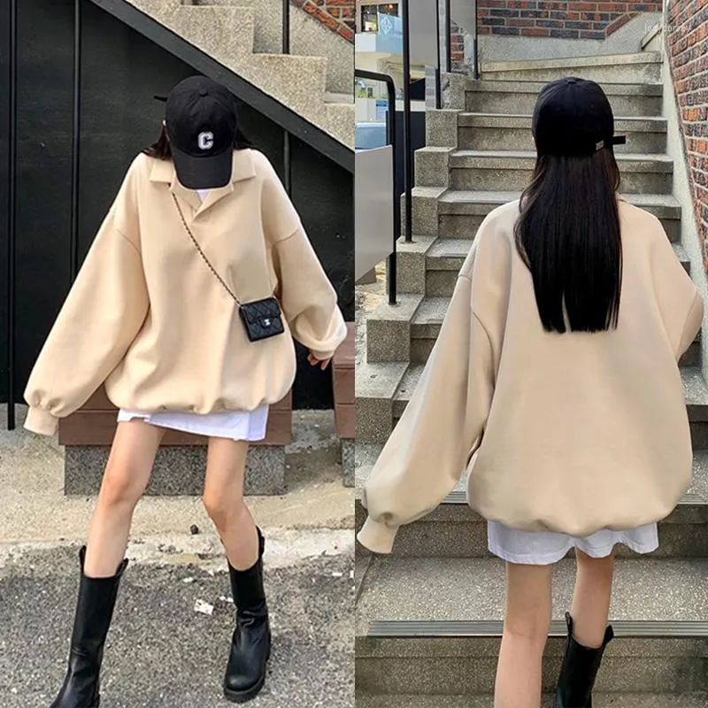 Hoodies femininos da coreana sul -coreana Fall American Retro Lappel Clear Cley estilo preguiçoso com capuz solto manga longa rotulada para mulheres