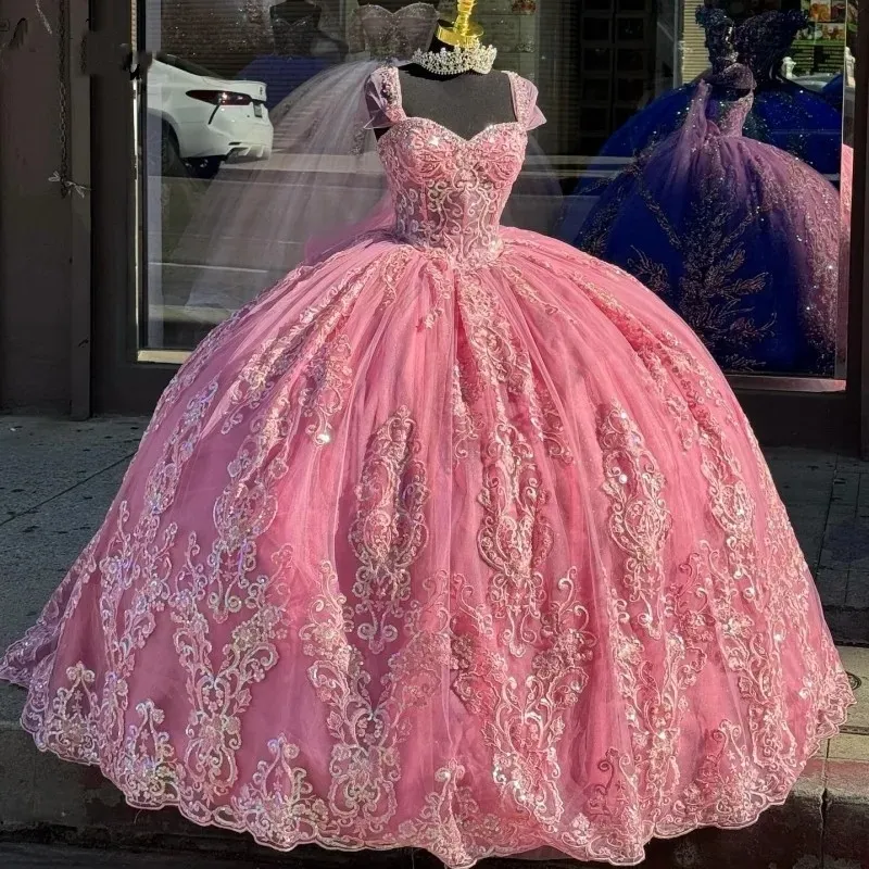 Elegant Coral Quinceanera Dresses Applique Vestidos De Novia 2024 Off Shoulder Lace Sequin Sweet 16 Prom Pageant Party Gowns 322