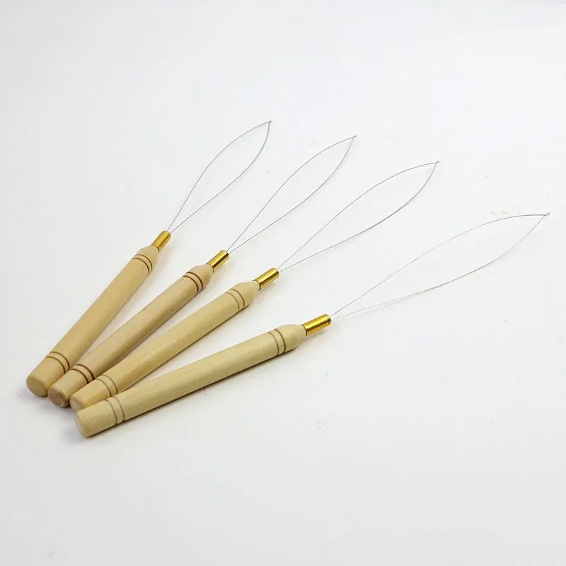 Pulling Needle Loop Threader Wooden Handle needles for micro bead human hair hair extensions tools in stock