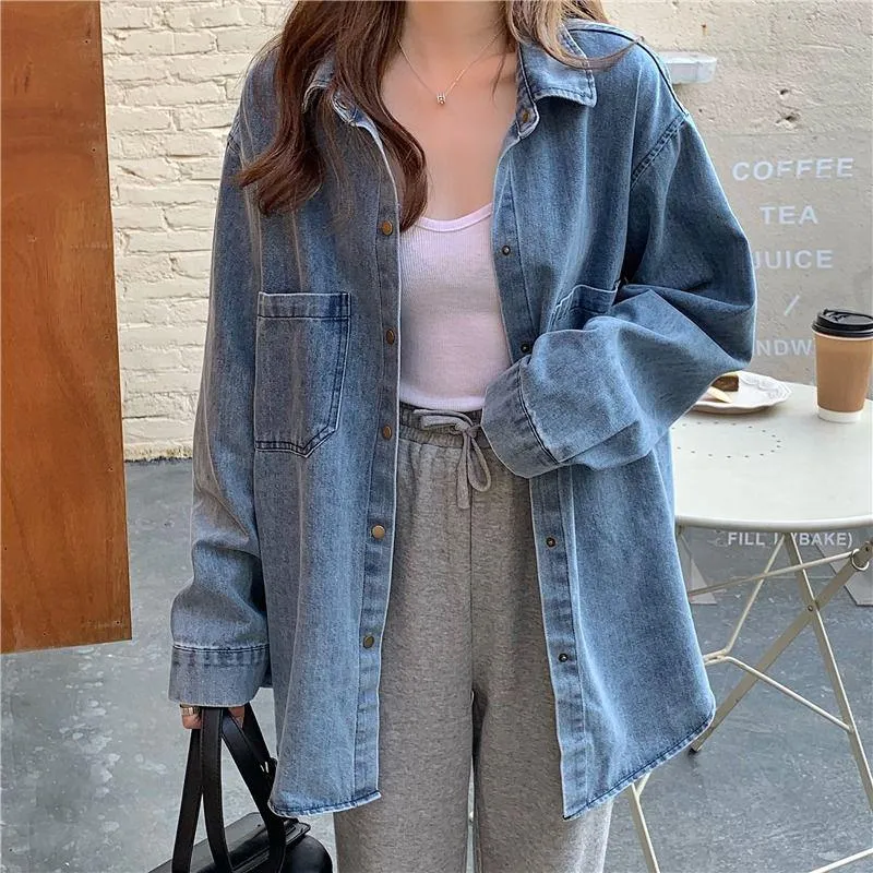 Blouse Rimocy Automne Manches Longues Chemise En Jean pour Femmes 2022 Simple Boutonnage Poche Chemisier Femme Tour Doen Col Jeans Chemises Dames