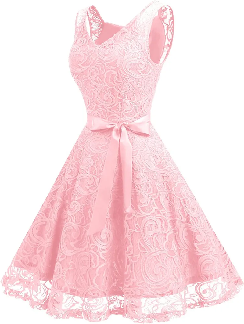 Korta hemkommande klänningar rosa spetsbåge v-ringning a-line festklänningar prinsessa födelsedag mini prom graudation cocktail party klänningar 08