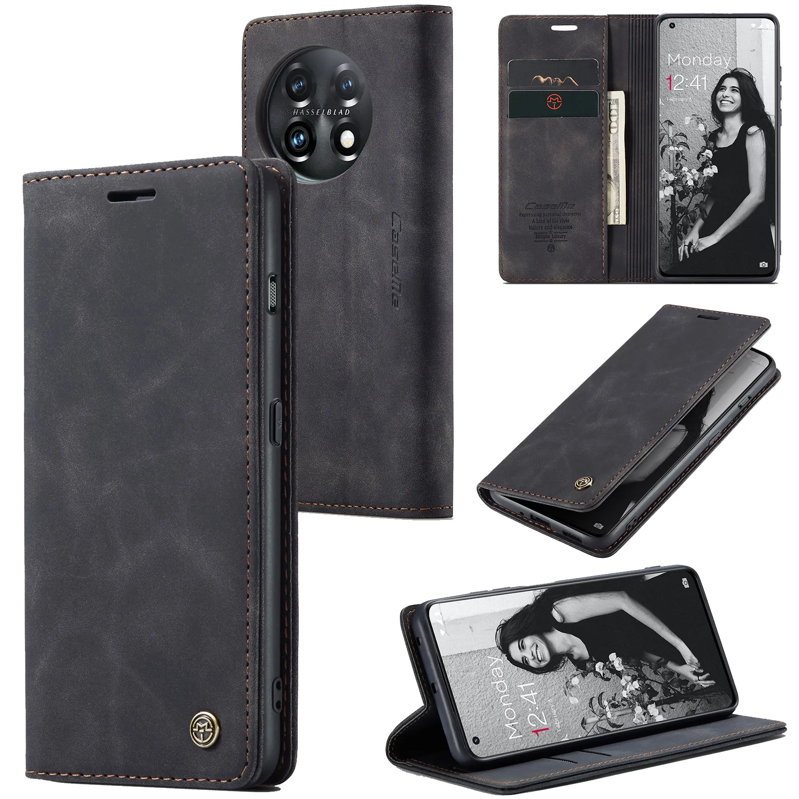 CaseMe Étui portefeuille à rabat en cuir rétro mat pour Oneplus 11 8T 8 Pro 7 One Plus Nord Antichoc Vintage avec emplacements pour cartes et porte-téléphone