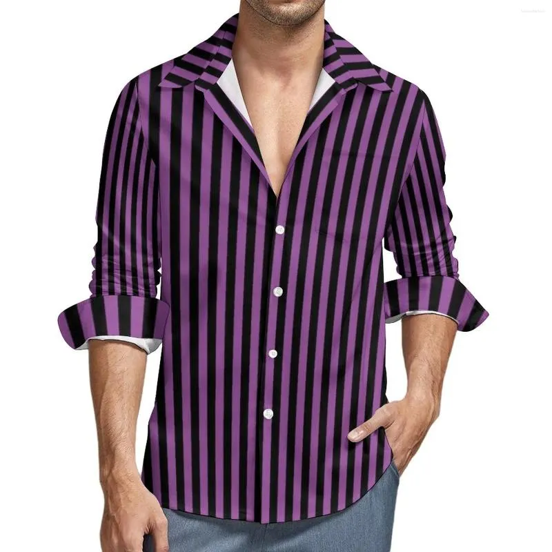 Camisas casuais masculinas vertical listrado camisa de halloween homem roxo preto linhas outono impressão blusas manga longa vintage roupas de grandes dimensões