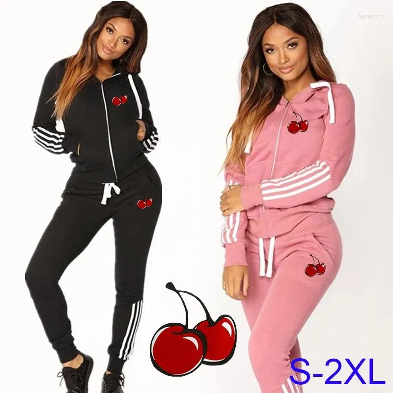 Kvinnors tvåbitar byxor Est Fashion Women Track Suits Sport Wear Jogging Cherry Printed Hoodies Sweatpants Sweat