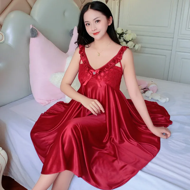 Sexy Pyjamas Ladies Sexy Silk Satin Night Dress Sleeveless Nighties V-neck Nightgown Plus Size Nightdress Lace Sleepwear Nightwear For Women 230427