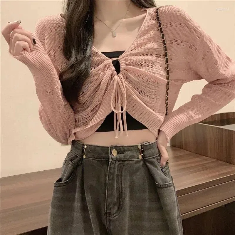 Women's T Shirts Hollow Out Thin Cardigan Long Sleeved Sun Protection Knit Shirt Women Front Back Loose V-Neck Drawstring Top