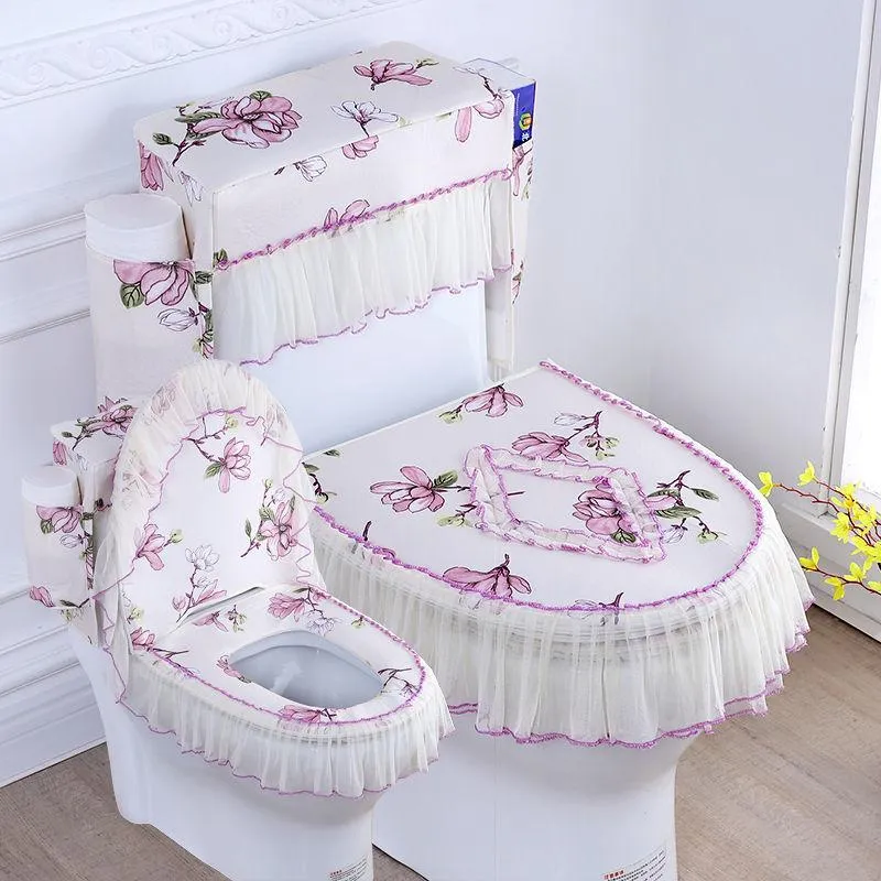 Covers Fyjafon 3pcs Toilet Seat Cover With Storage Bag Flower Printed Overcoat Toilet Case Washable Purple Closestool Seat cover