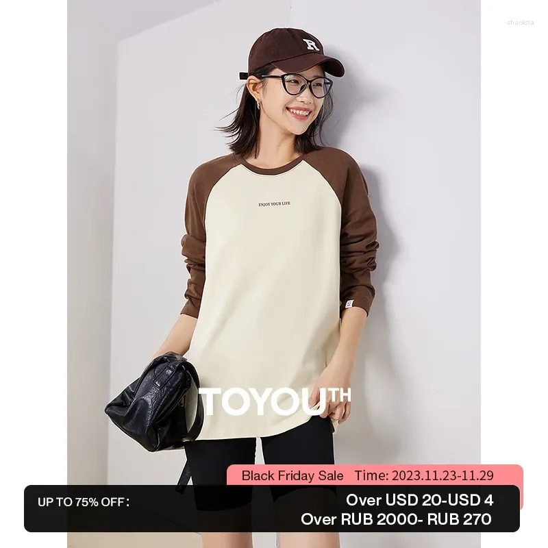 Women's T Shirts Toyouth Women Tees 2023 Autumn Contrast Raglan Sleeve Round Neck Loose T-shirt ENJOY YOUR LIFE Print Fashion Casual Basic