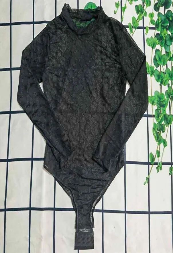 Macacão de renda preta têxtil moda manga longa macacões sexy malha oca cintura alta bodysuit para mulheres3263721
