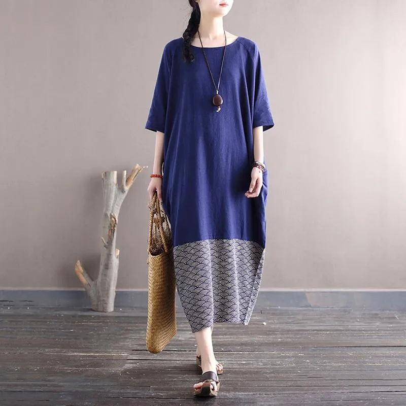 Klänningar Johnature Women Vintage Cotton Linen Dresses Oneck Half Sleeve Robes 2021 Summer Patchwork Color Chinese Style Blue Dresses