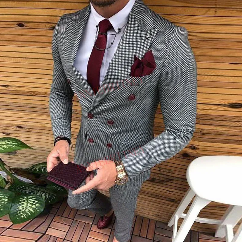 Herrdräkter blazers tweed dubbel breasted manlig kostym grå smal fit mode bröllop kostymer för män prom blazer set brudgummen smoking truw pak man 230427