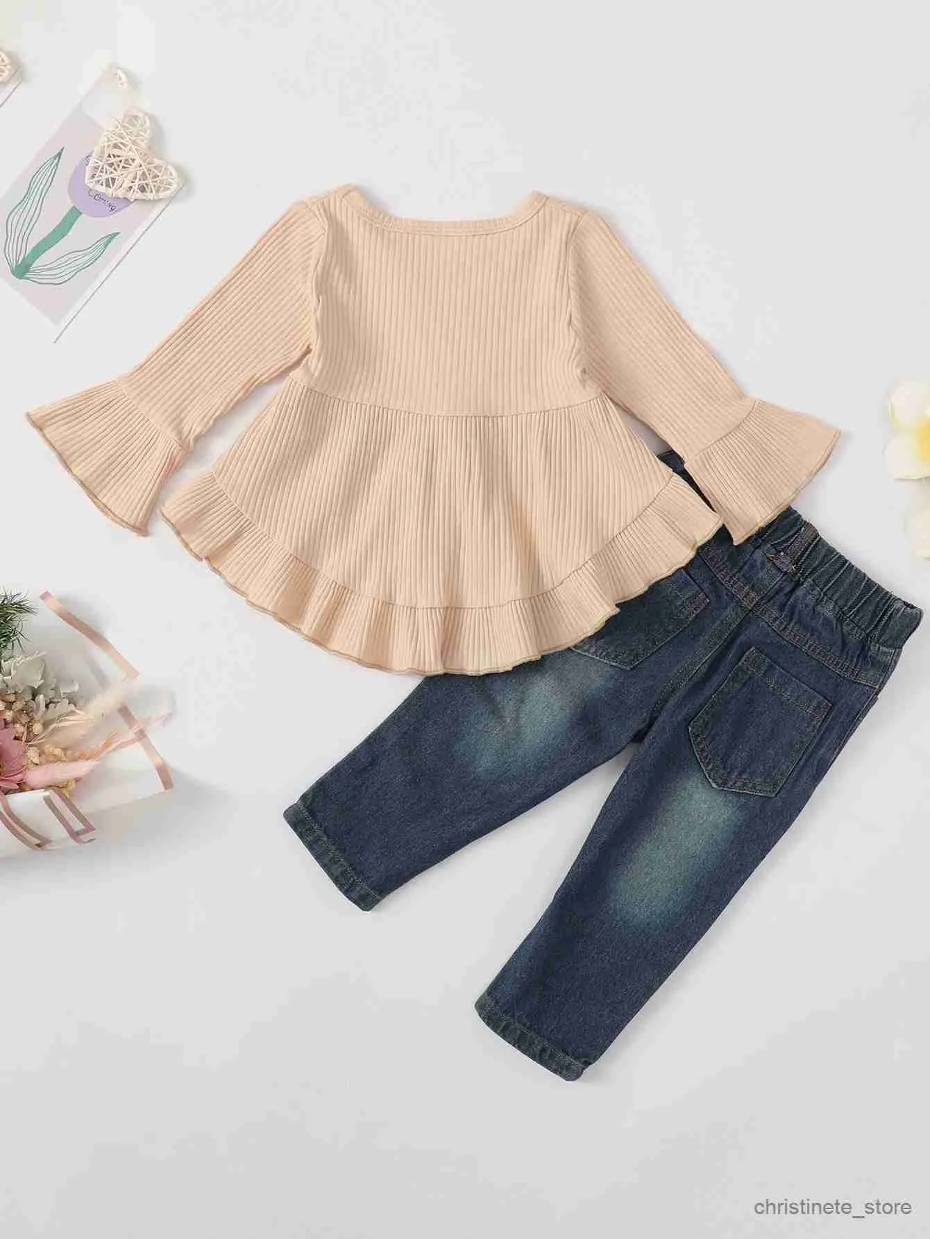 Clothing Sets Baby Girl's 2pcs Ribbed Long Sleeve Top Ripped Denim Jeans Set Ruffle Decor Casual Outfits Toddler Kids Clothes For Spring R231127
