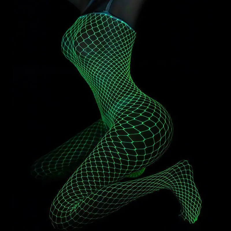 Sexy Chaussettes Shining Light Onepiece Mesh Vêtements Perspective Bretelles Résilles Blanc Soie Tentations Lumineux Discothèque 230427