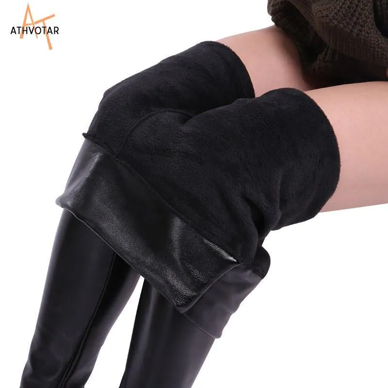 Leggings ATHVOTAR Leggings de cuero de invierno Legging negro de terciopelo para mujer Leggings gruesos cálidos pantalones de mujer resistentes al frío XS2XL